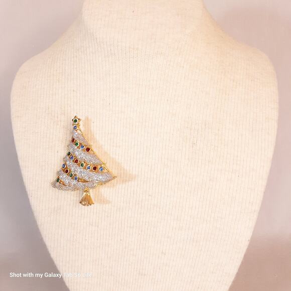 Christmas Tree Brooch Multicolor Rhinestones And Frosted Trim - Picture 2 of 7